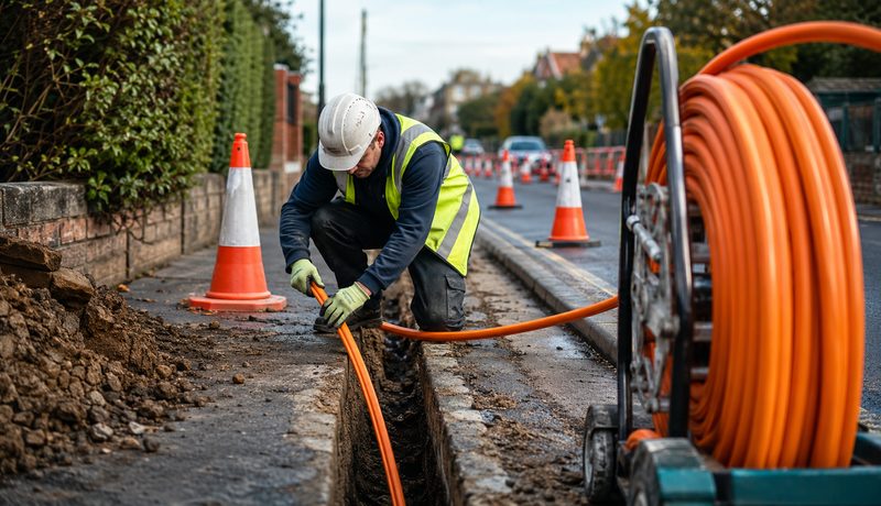 Engineer laying orange fibre ducting into a street trench