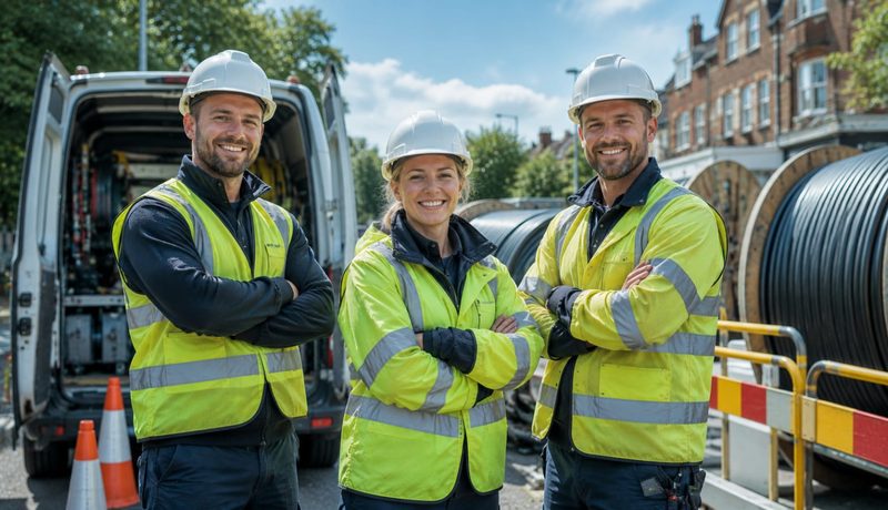 Telecoms crew in hi-vis beside a works van and cable drums