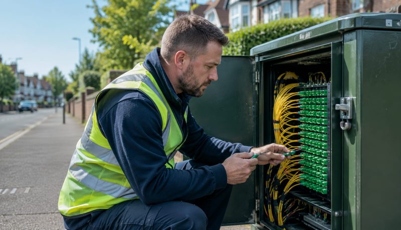 Engineer inspecting fibre connections in a green street cabinet