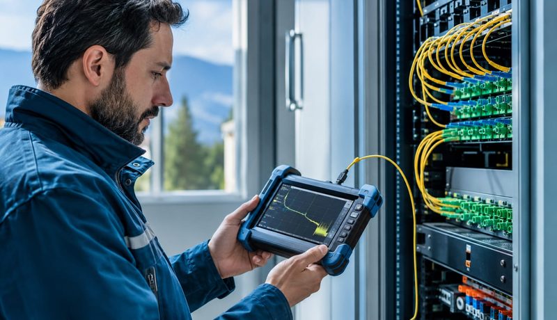Engineer using an OTDR fibre tester at a patch panel